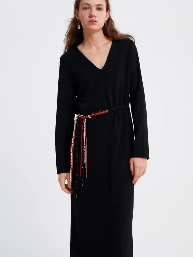 Zara black midi dress with cord belt.