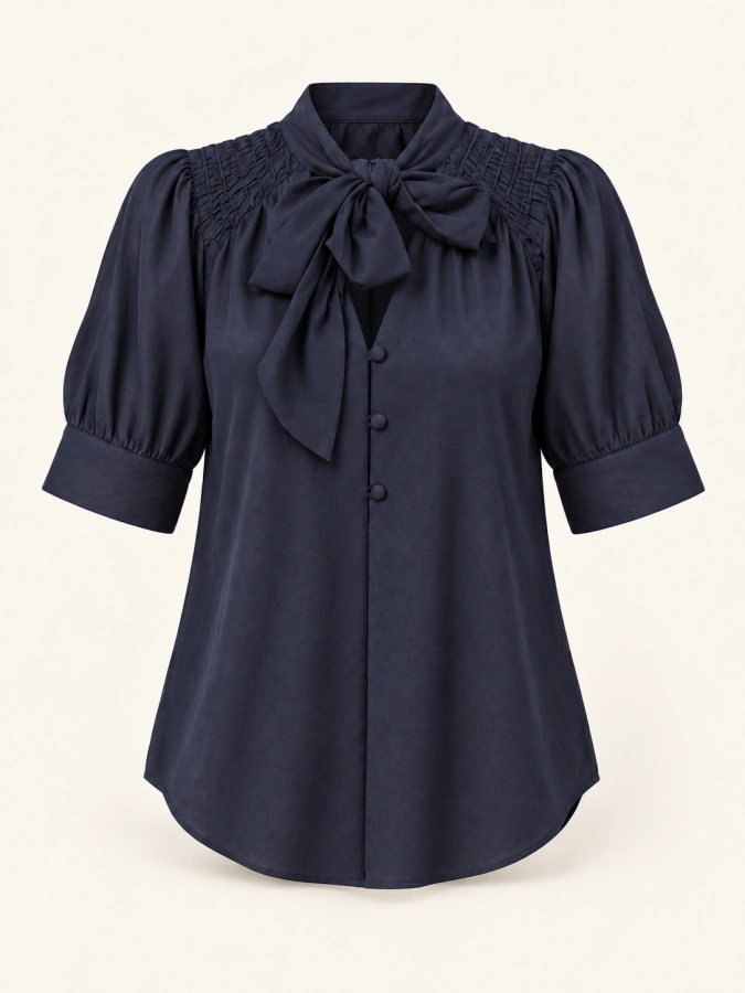 Navy Bow-Neck Blouse