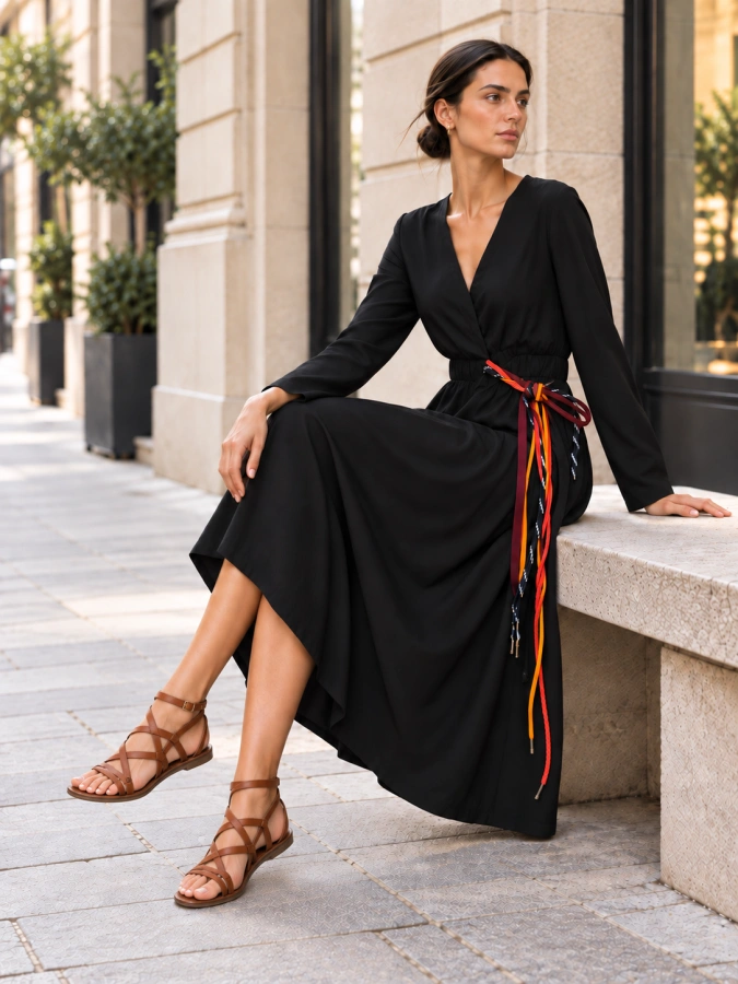 Zara black midi dress with cord belt.