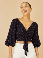 Floral Puff Sleeve Tie Front Crop Top