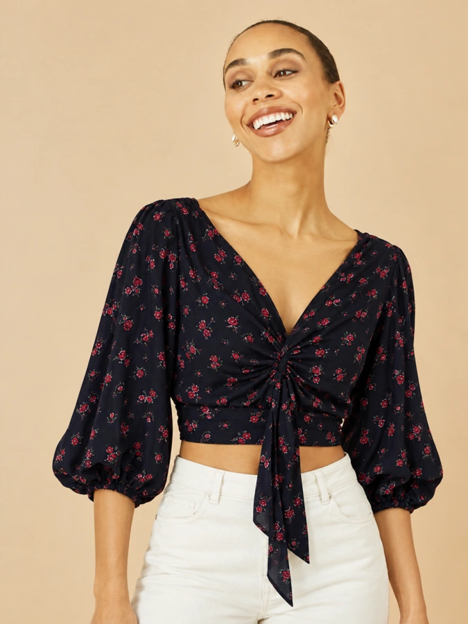 Floral Puff Sleeve Tie Front Crop Top