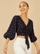 Floral Puff Sleeve Tie Front Crop Top