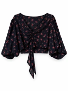 Floral Puff Sleeve Tie Front Crop Top