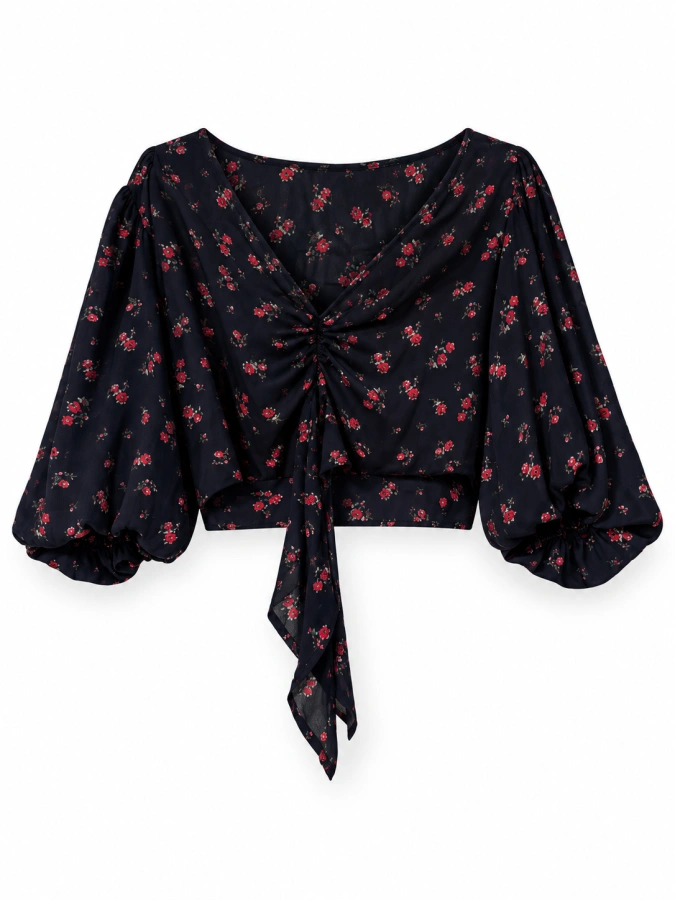 Floral Puff Sleeve Tie Front Crop Top