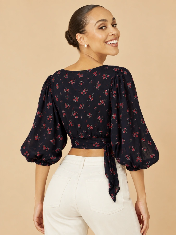 Floral Puff Sleeve Tie Front Crop Top