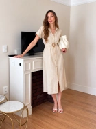beige button-down midi shirt dress