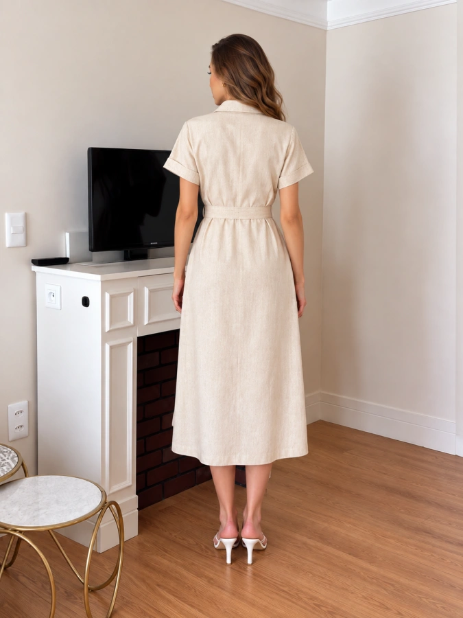 beige button-down midi shirt dress