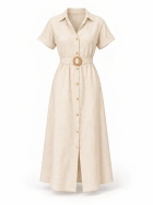 beige button-down midi shirt dress