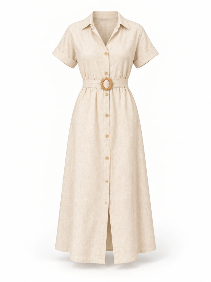 beige button-down midi shirt dress