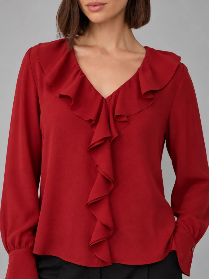 Promod Roman Red  Ruffle Neck Blouse