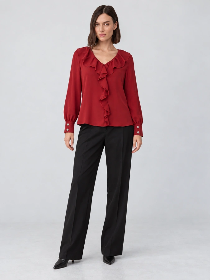Promod Roman Red  Ruffle Neck Blouse
