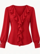 Promod Roman Red  Ruffle Neck Blouse