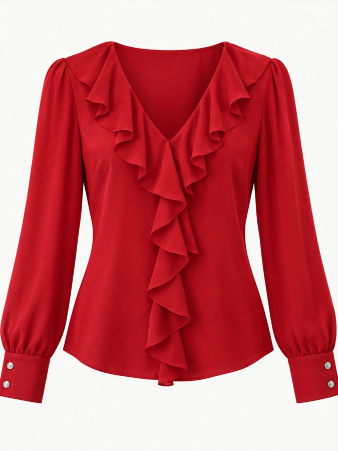 Promod Roman Red  Ruffle Neck Blouse