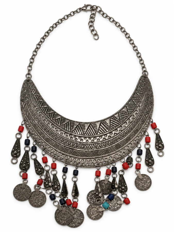Antique Silver Boho Bib Necklace