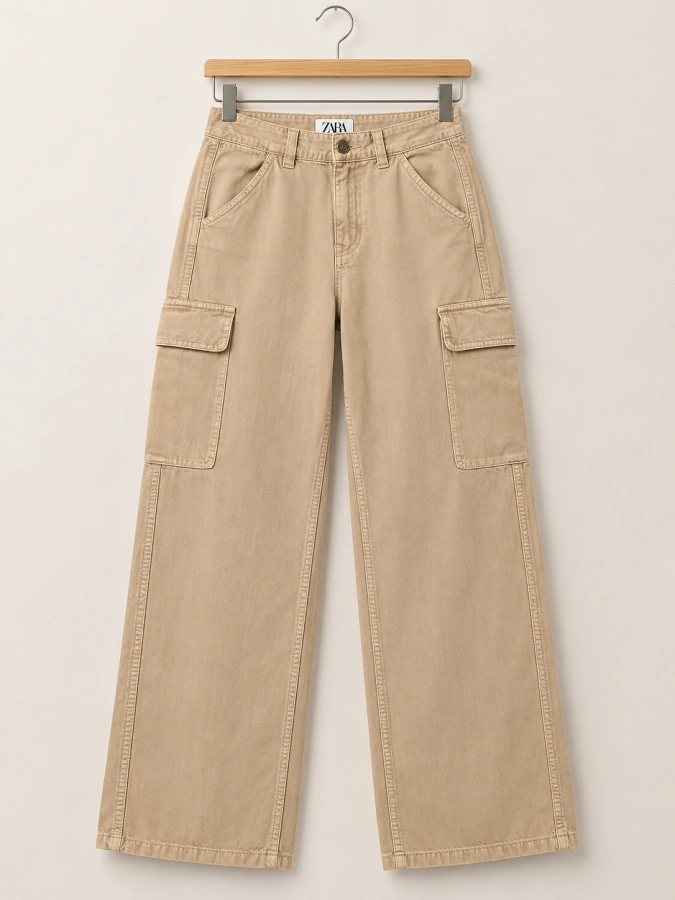 Zara Linen Biege Cargo Wide Pants