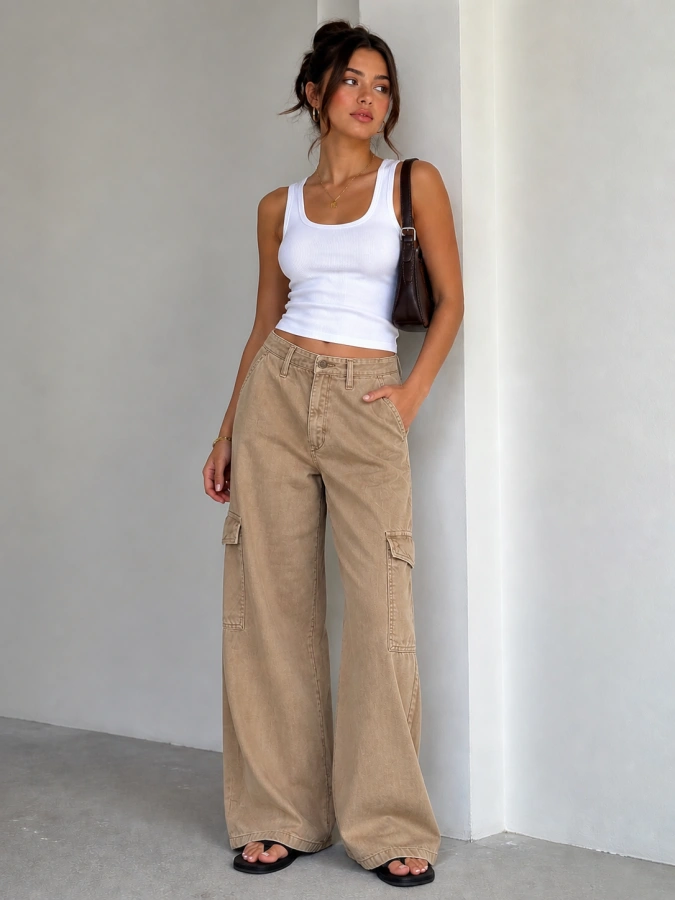 Zara Linen Biege Cargo Wide Pants