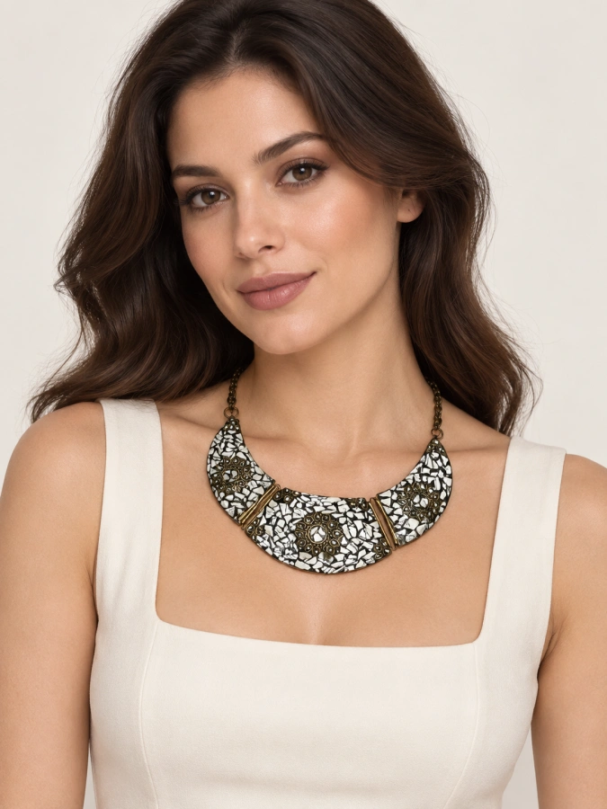 Crackle mosaic crescent collar necklace